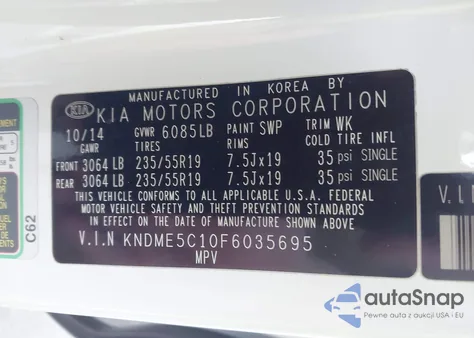 2015 Kia Sedona Sx Luxury z USA, uszkodzony, nr VIN KNDME5C10F6035695
